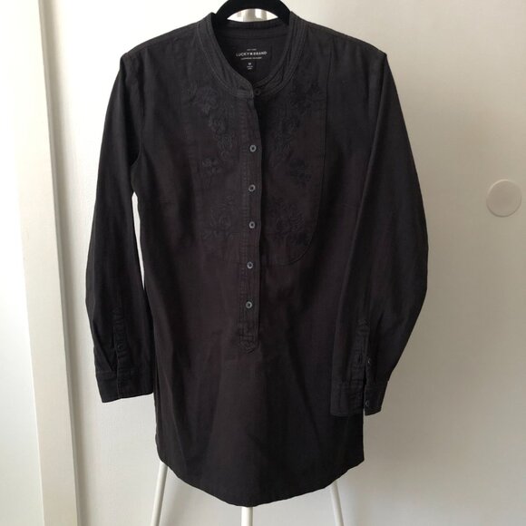 LUCKY BRAND BOHO BLACK DENIM POPOVER DRESS TUNIC SHIRT FLORAL EMBROIDERY M NWOT - Picture 3 of 9